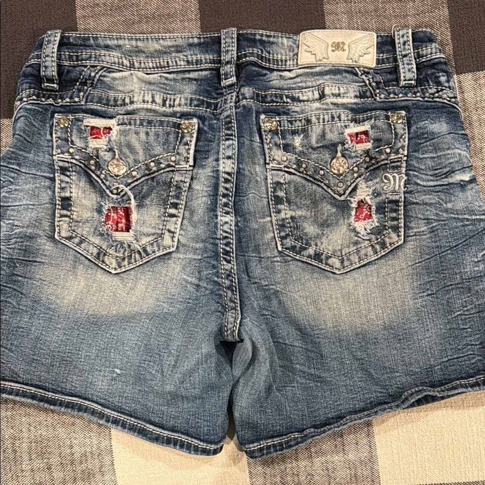 Miss Me Distressed Denim Shorts with Red and Silver Details